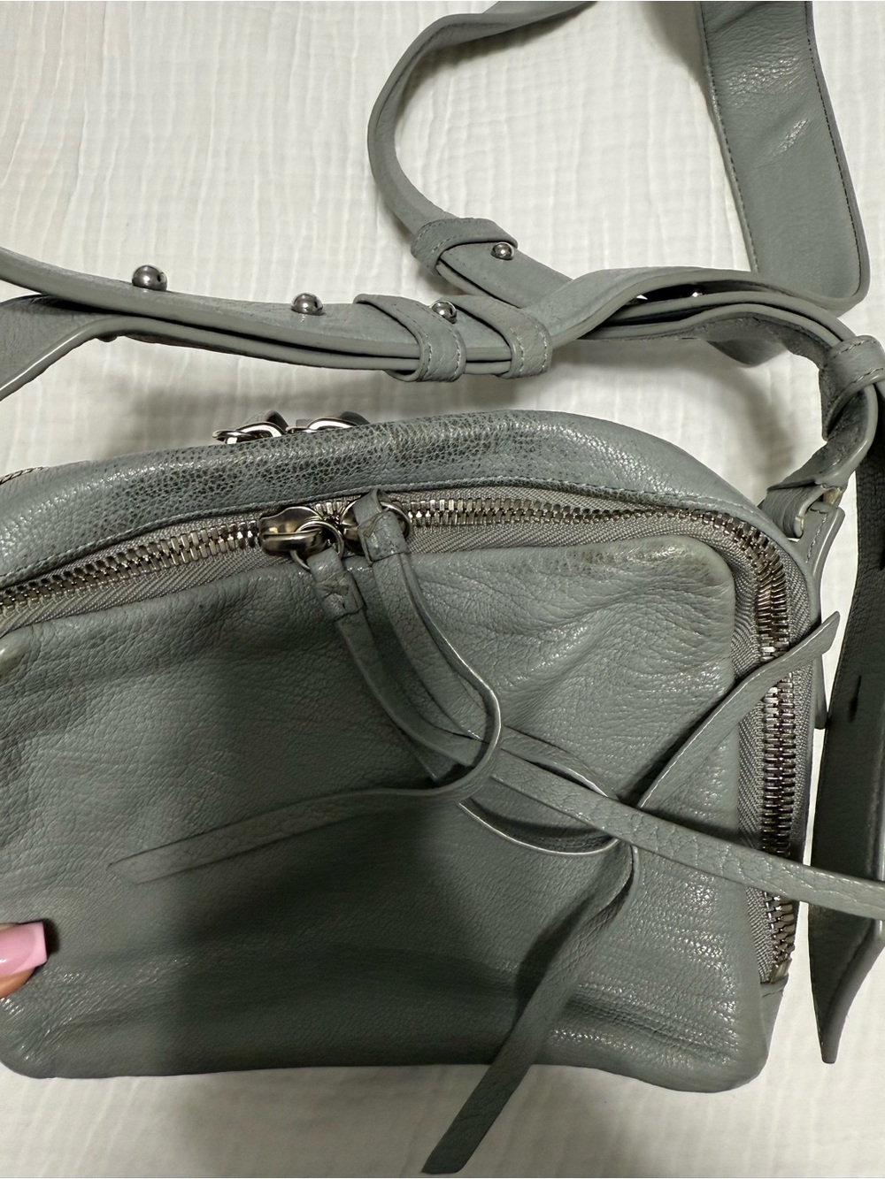 All Saints Sage Green Leather Crossbody with Silver Hardware